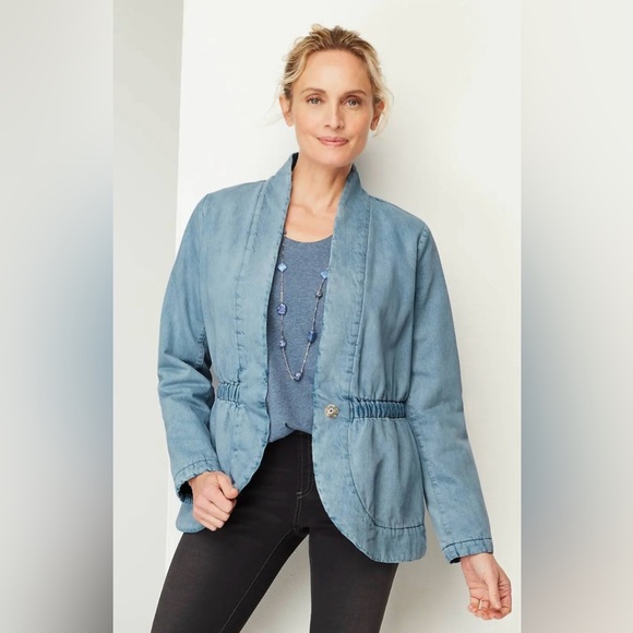 J.Jill Pure Jill Indigo Curved Hem Cotton Denim Jacket Coat Size LP - Picture 1 of 16
